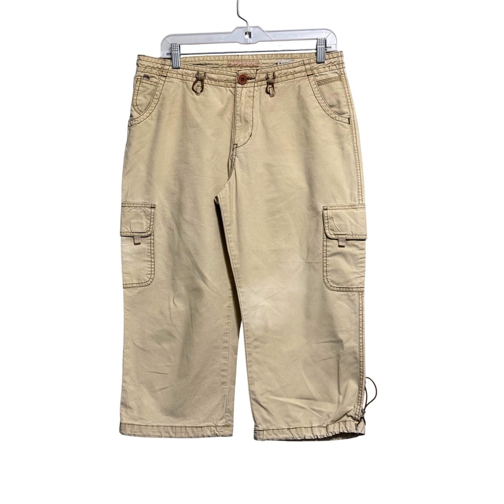 SIGNATURE | STUDIO Womens Tan Khaki Cargo Capri Pants Y2K Utility Cropped Sz 10